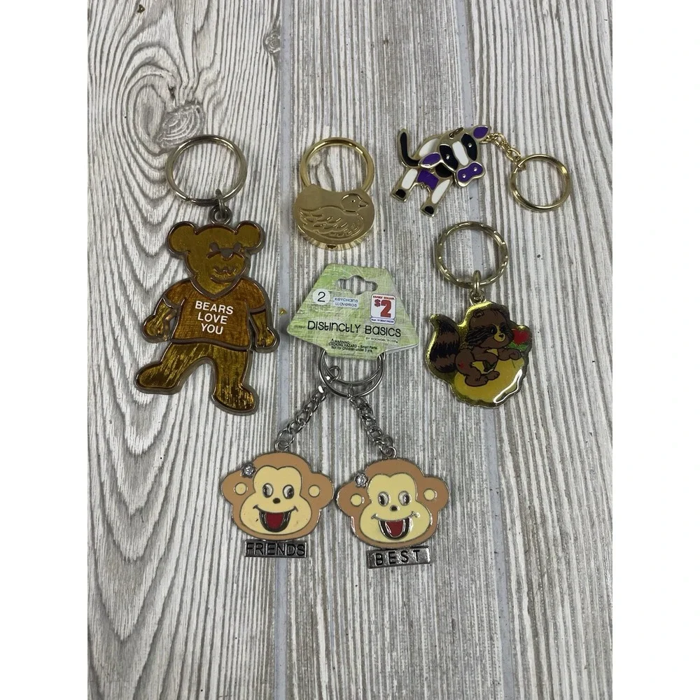 Keychain Lot of 6 Animal Theme Cow Raccoon Monkeys Bear Duck Key Chains Fobs